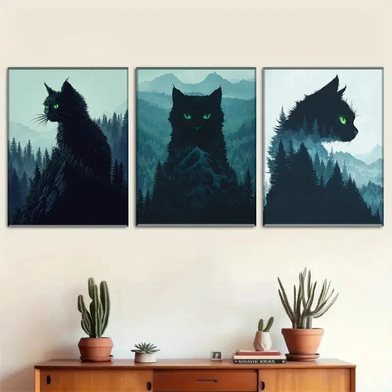 3pcs Green-Eyed Black Cats with Moonlit Mountain Metal Print Ready to Hang Art