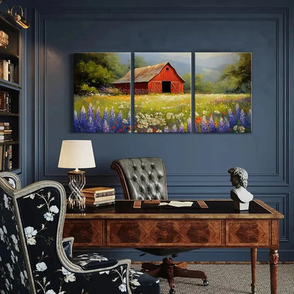 3pcs Red Barn Floral Meadow Mountain Landscape Metal Print Ready to Hang Art