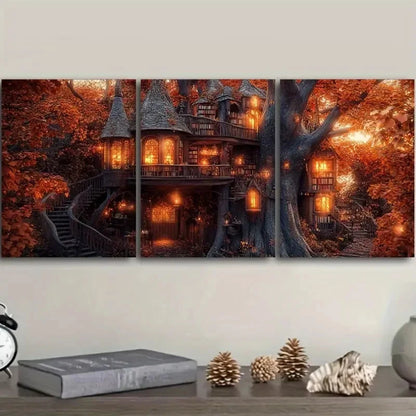 3pcs Magical Cabin in the Forest Metal Print Ready to Hang Art