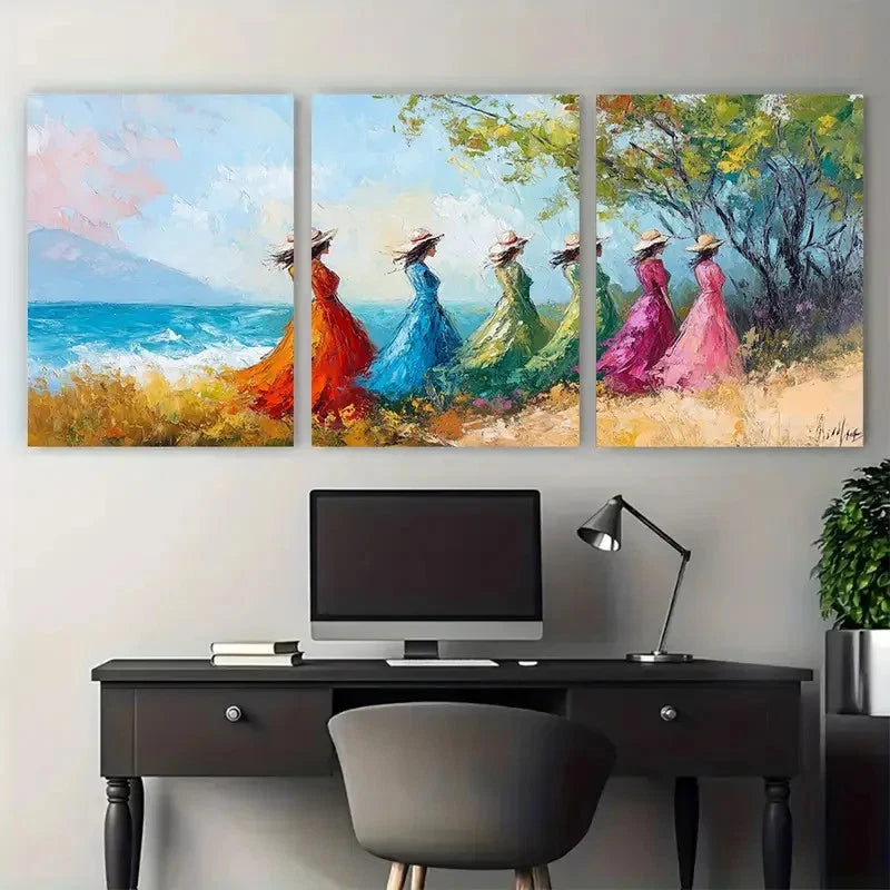 3pcs Ladies Impressionist Painting Landscape Wall Art Set Canvas Framed 50x70cm - High Quality Print 100% Australian Made Wall Canvas Ready to Hang