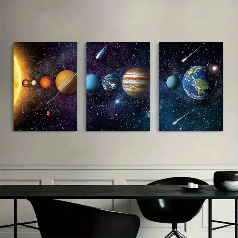 3pcs Vibrant Space Art with Planets & Stars Metal Print Ready to Hang Art