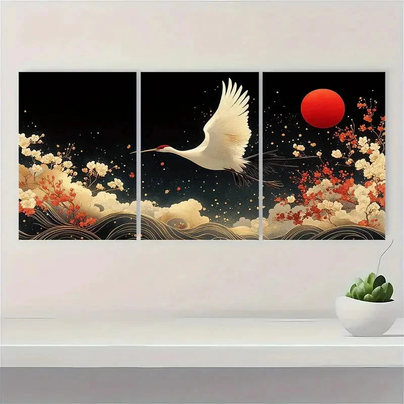 3pcs Japanese Crane Elegant Sakura Perfect Wall Art Set Canvas Framed 40x60cm - High Quality Print 100% Australian Made Wall Canvas Ready to Hang