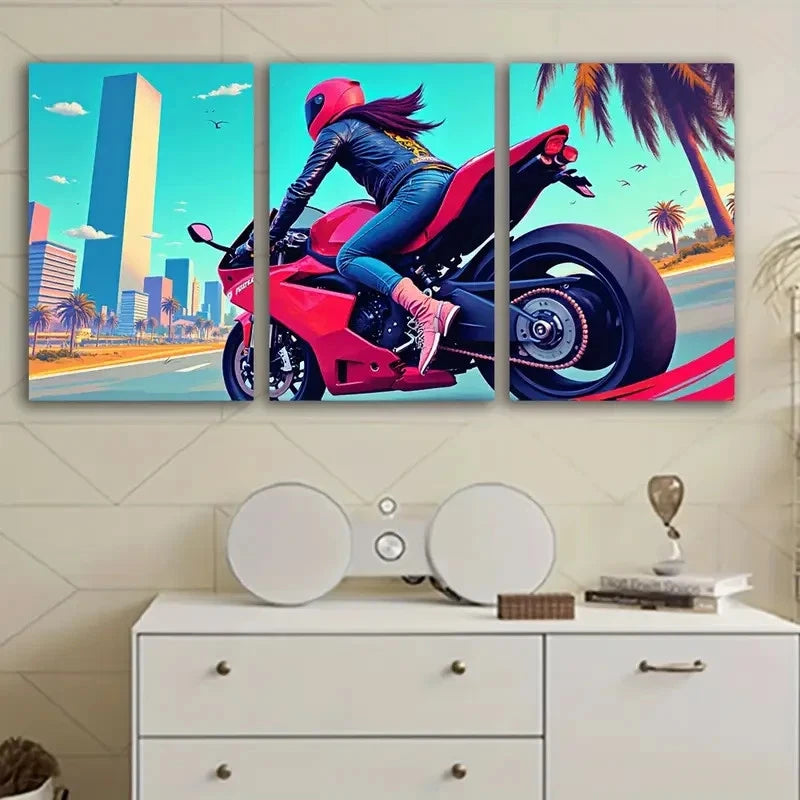 3pcs Motorcycle Cityscape Wall Art Set Canvas Framed 50x70cm - High Quality Print 100% Australian Made Wall Canvas Ready to Hang