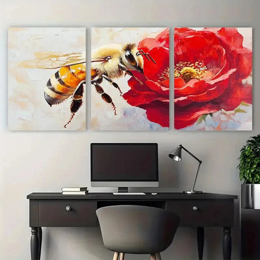 3pcs Red Geranium Floral with Honeybee Metal Print Ready to Hang Art