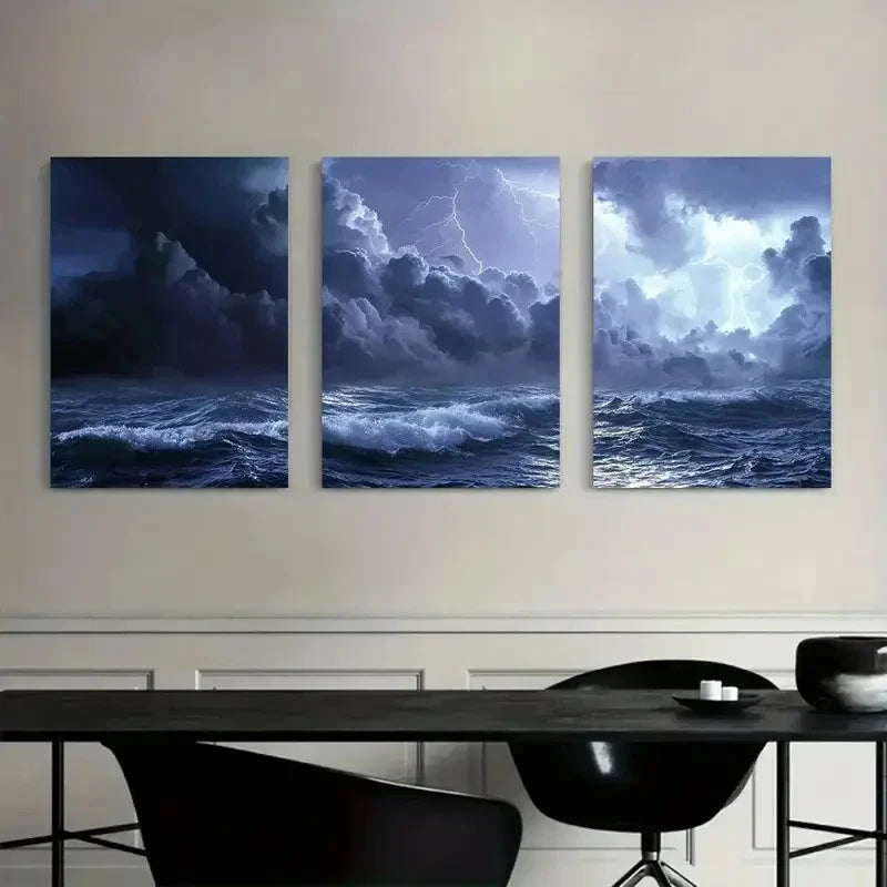3pcs Dark Blue Sea with Lightning in The Sky Metal Print Ready to Hang Art