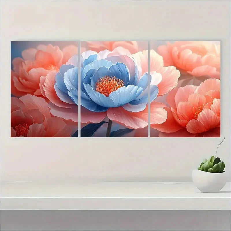 3pcs Pink and Blue Peony Petals Flower Art Metal Print Ready to Hang Art