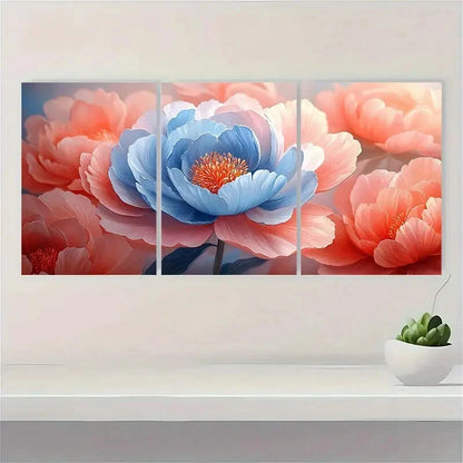 3pcs Pink and Blue Peony Petals Flower Art Metal Print Ready to Hang Art