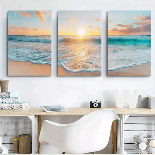 3pcs Beach Sunset  Wall Art Set Canvas Framed 50x70cm - High Quality Print 100% Australian Made Wall Canvas Ready to Hang - Bella Home Decor