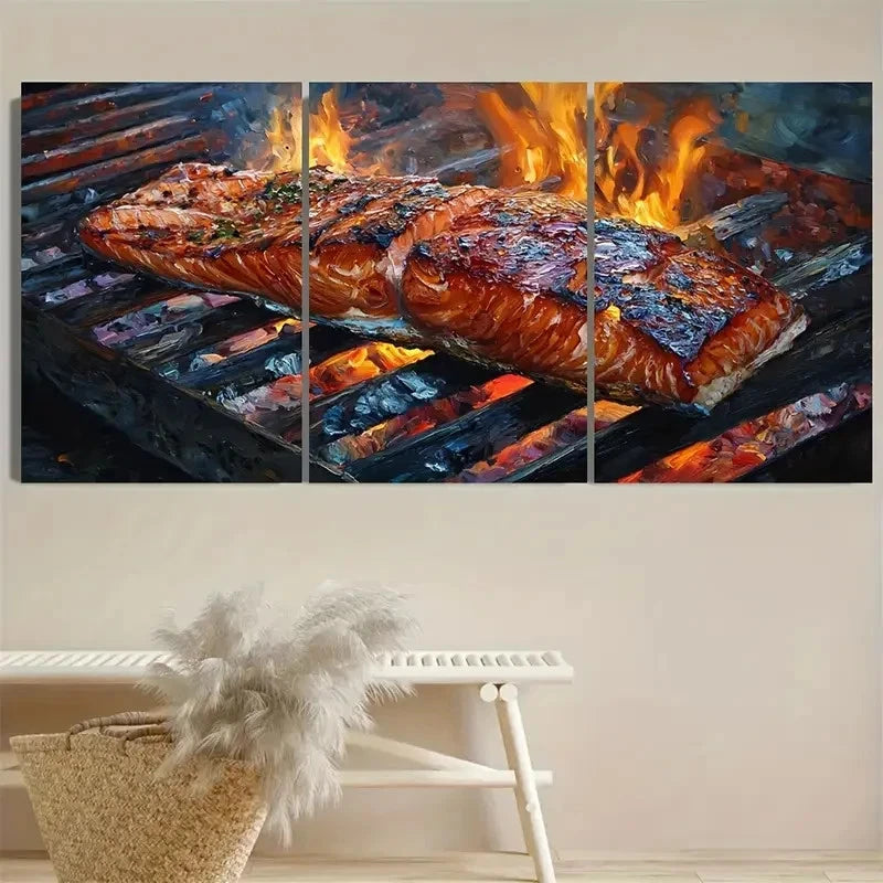 3pcs Grilled Salmon Fish Food Print Art Wall Art Set Canvas Framed 50x70cm - High Quality Print 100% Australian Made Wall Canvas Ready to Hang