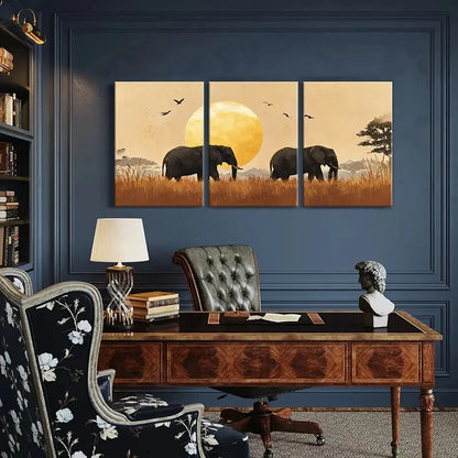 3pcs African Sunset Elephants Safari Theme Metal Print Ready to Hang Art