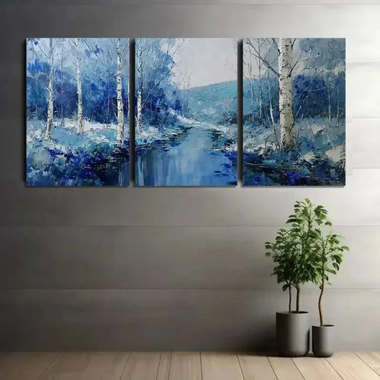 3pcs Abstract Splashes of Blue and White Metal Print Ready to Hang Art