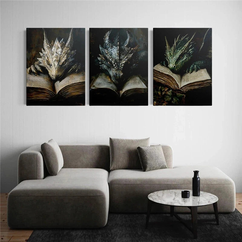 3pcs Dragon Reading Mythical Creatures Metal Print Ready to Hang Art