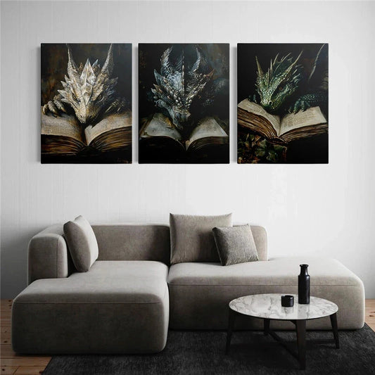 3pcs Dragon Reading Mythical Creatures Metal Print Ready to Hang Art