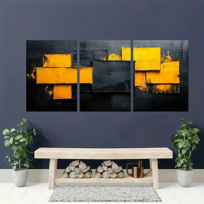 3pcs Vibrant Yellow & Black Abstract Art Set Metal Print Ready to Hang Art