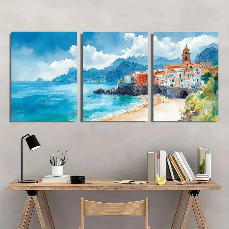 3pcs Atrani Italy Landscape Watercolor Triptych Metal Print Ready to Hang Art
