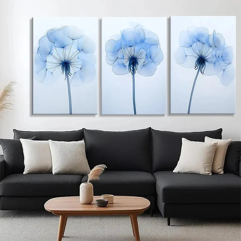 3pcs Soft and Elegant Flower Blue Floral Perfect Wall Art Set Canvas Framed 60x90cm - High Quality Print 100% Australian Made Wall Canvas Ready to Hang