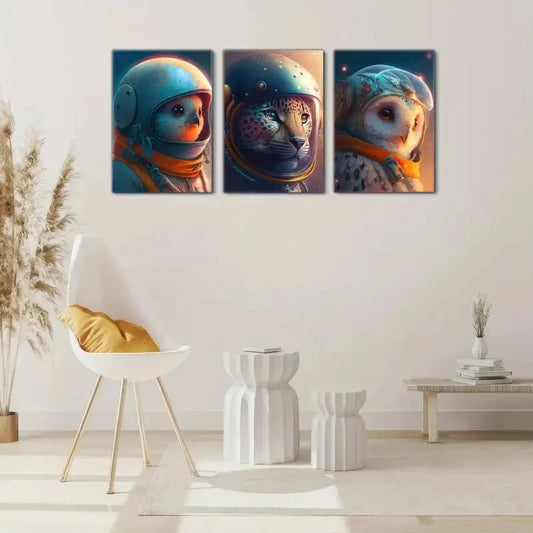 3pcs Astronaut Owl Cheetah Animal Portrait Art Metal Print Ready to Hang Art