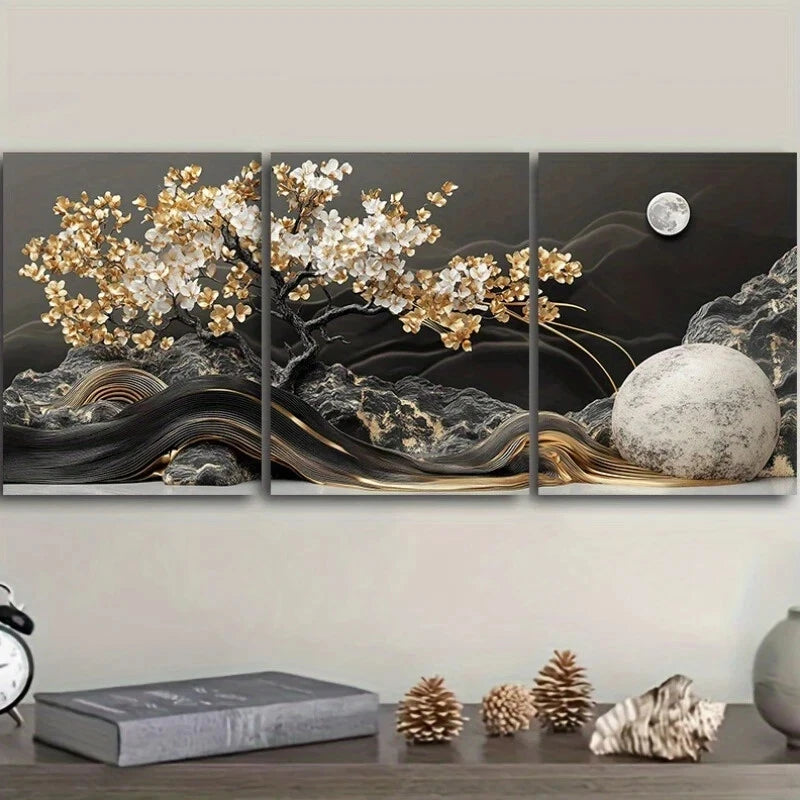 3pcs Versatile Moon Golden Leaves Metal Print Ready to Hang Art