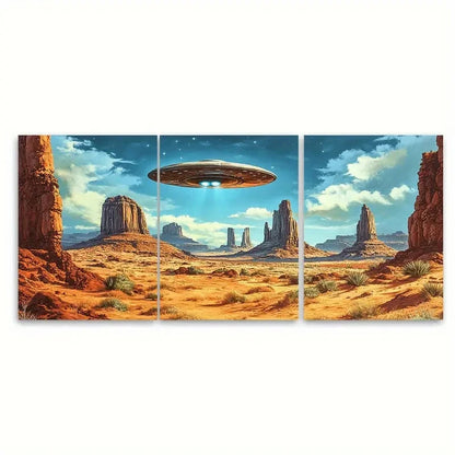 3pcs Vintage UFO Retro Mid-Century Sci-Fi Scene Wall Art Set Canvas Framed 60x90cm - High Quality Print 100% Australian Made Wall Canvas Ready to Hang