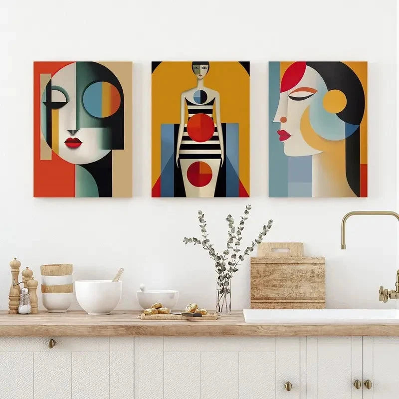 3pcs Abstract Bauhaus Lady Prints Metal Print Ready to Hang Art