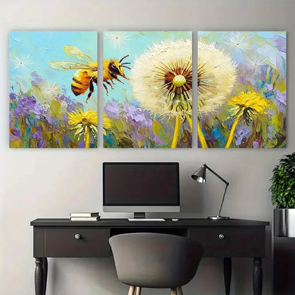 3pcs Vibrant Honeybee & Dandelion Floral Meadow Metal Print Ready to Hang Art