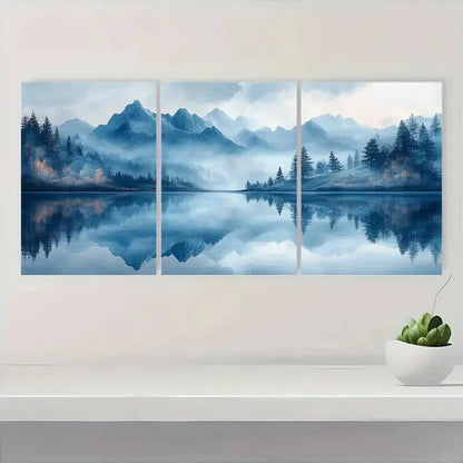 3pcs Serene Landscape Blue & Golden Hues Metal Print Ready to Hang Art