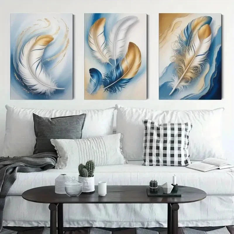 3pcs Abstract Feather Blue Golden White Black Metal Print Ready to Hang Art