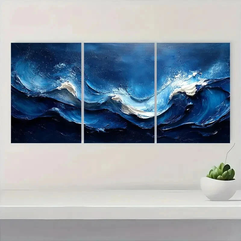 3pcs Dark Blue & White Textured Ocean Waves Design Metal Print Ready to Hang Art