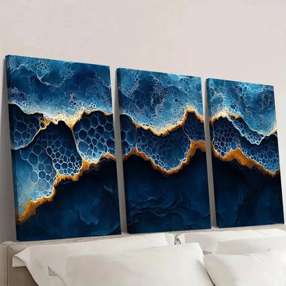 3pcs Shades of Indigo & Honeycomb Design Q   Wall Art Set Canvas Framed 50x70cm - High Quality Print 100% Australian Made Wall Canvas Ready to Hang