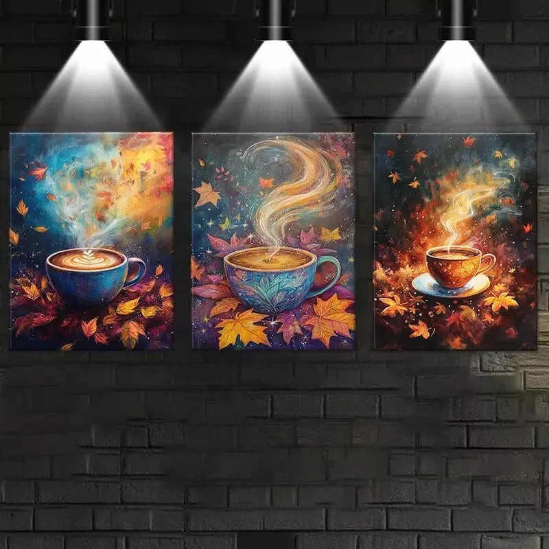 3pcs Peaceful Coffee with Dry Leaves Art Set Canvas Framed 50x70cm -  High Quality Print 100% Australian Made Wall Canvas Ready to Hang
