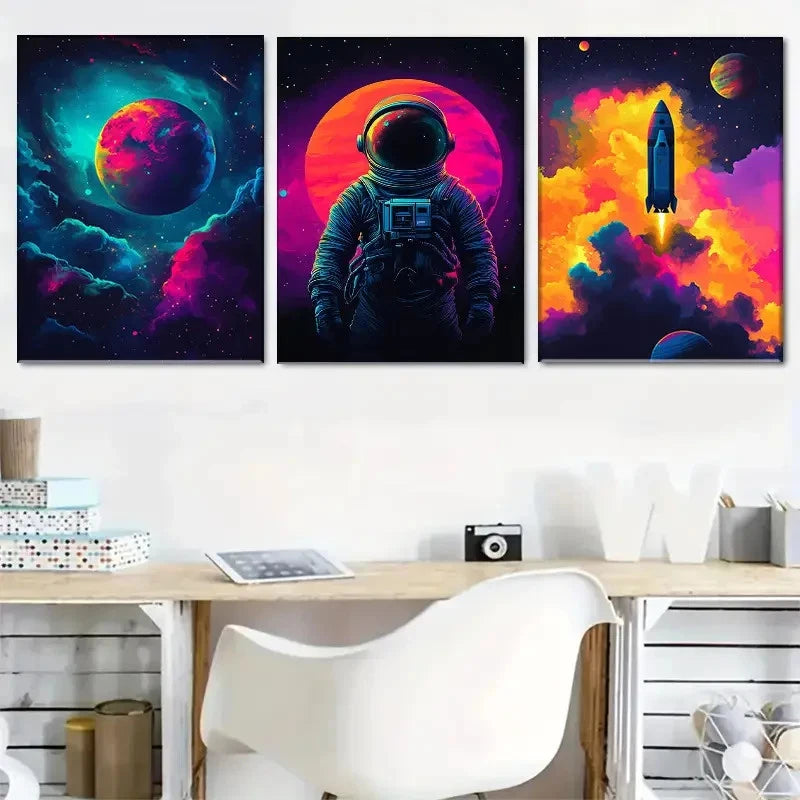 3pcs Vibrant Astronaut & Rocket Design Metal Print Ready to Hang Art
