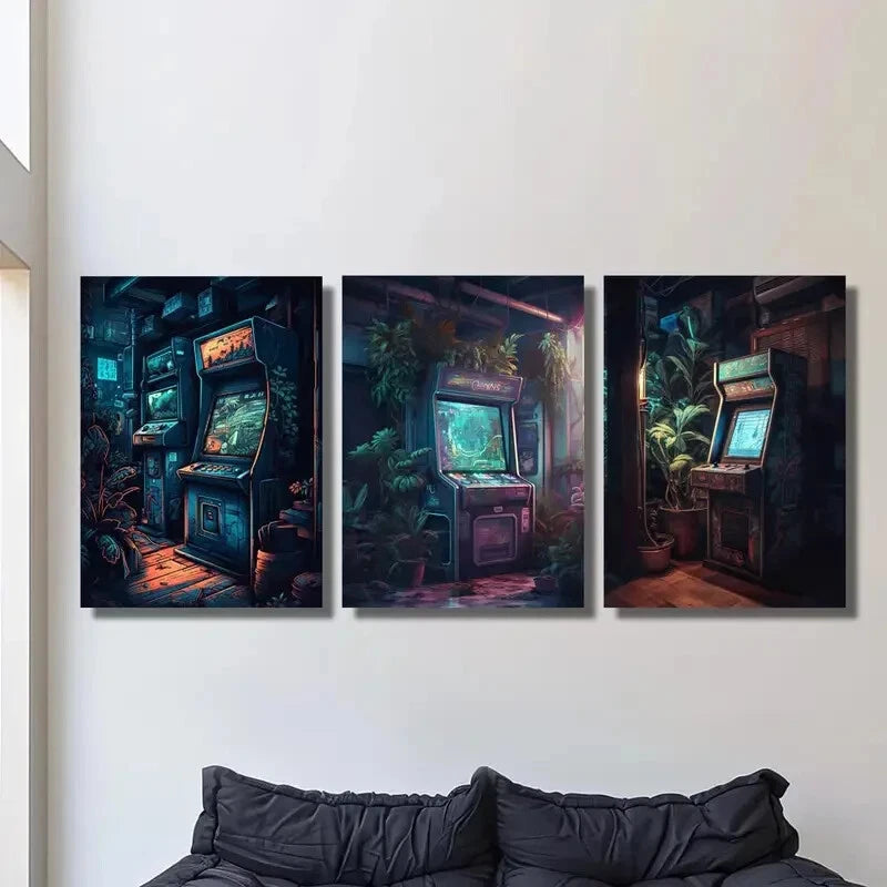 3pcs retro arcade style, retro gaming aesthetics, Metal Print Ready to Hang Art