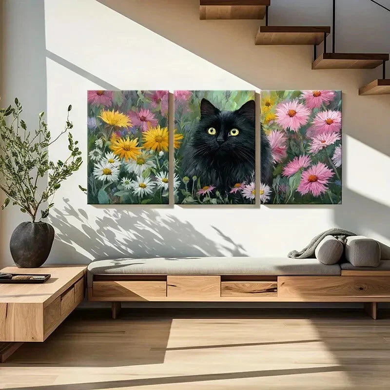 3pcs Black Cat Among Colorful Flowers Floral Metal Print Ready to Hang Art