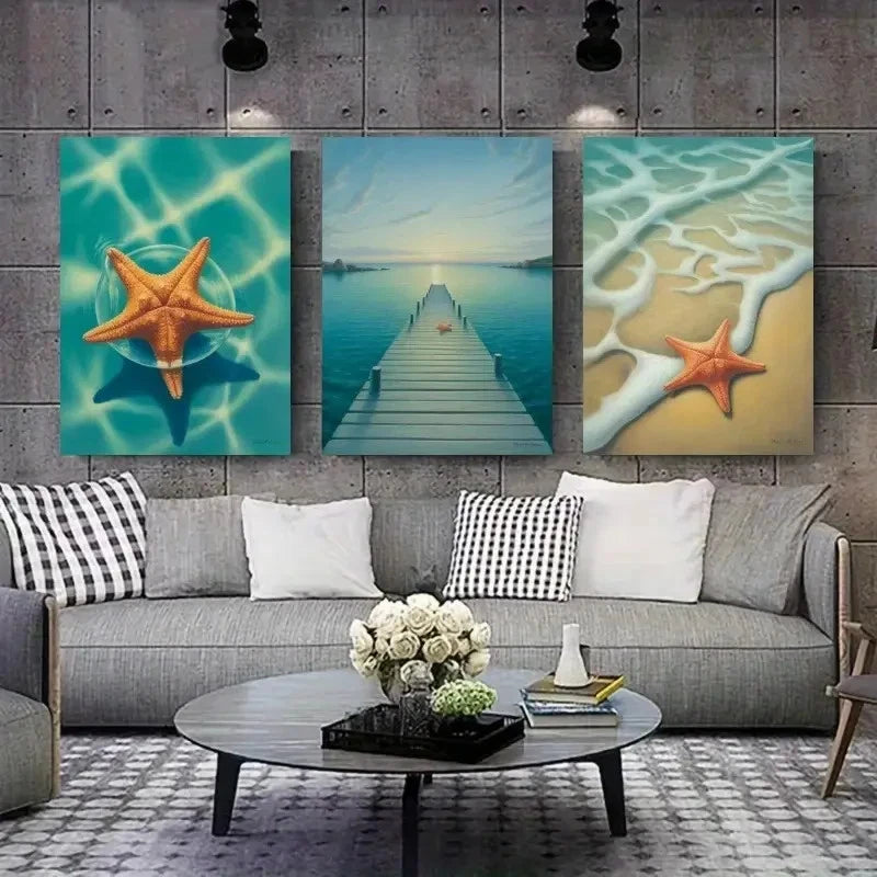 3pcs Ocean View with Blue Tides & Sandy Shoreline Metal Print Ready to Hang Art