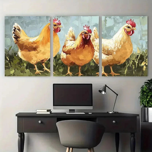 3pcs Chicken Hen Farm Bird Impasto Illustration Wall Art Set Canvas Framed 60x90cm - High Quality Print 100% Australian Made Wall Canvas Ready to Hang