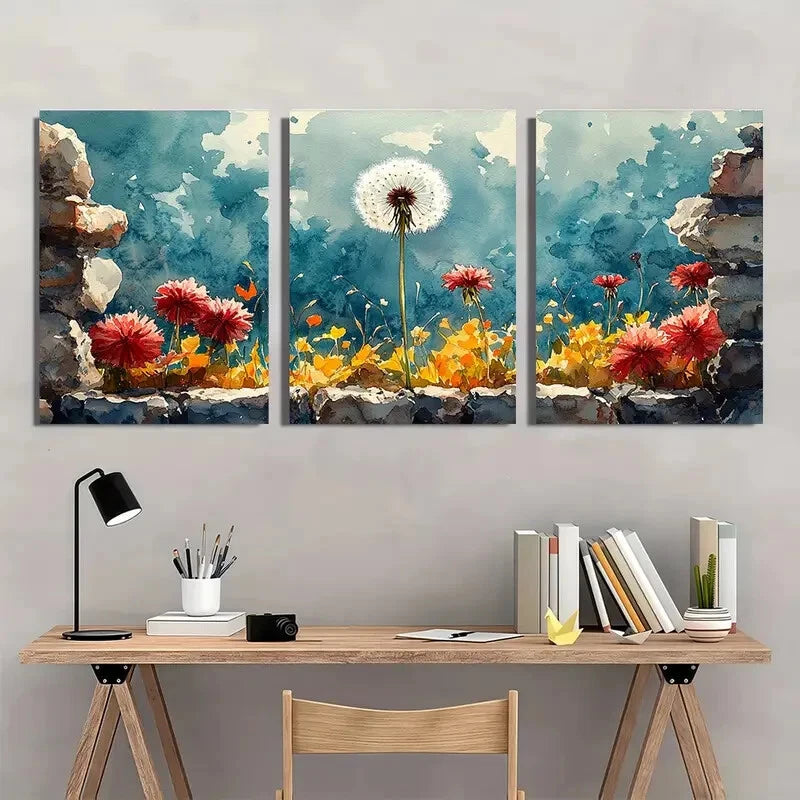 3pcs Dandelion Watercolor Painting Wildflowers Metal Print Ready to Hang Art