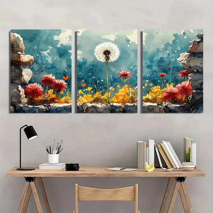 3pcs Dandelion Watercolor Painting Wildflowers Metal Print Ready to Hang Art
