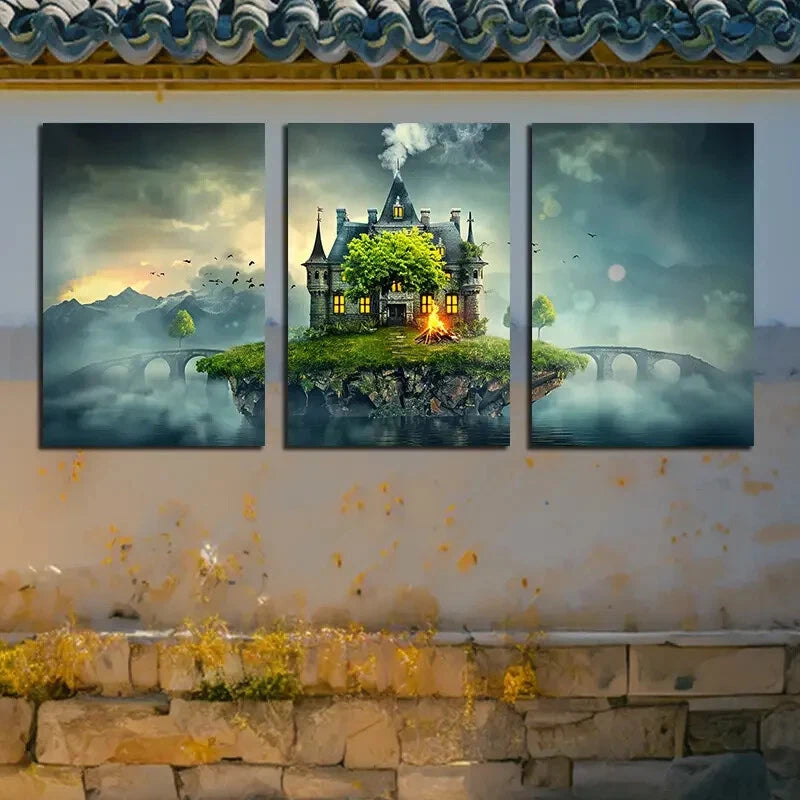 3pcs Castle Under The Beacon Fire Illustration Metal Print Ready to Hang Art