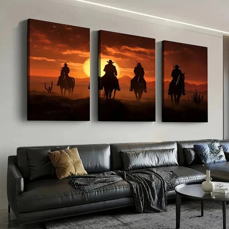 3pcs Western Cowboy Sunset Décor Perfect Wall Art Set Canvas Framed 40x60cm - High Quality Print 100% Australian Made Wall Canvas Ready to Hang