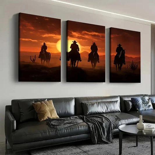3pcs Western Cowboy Sunset Décor Perfect Wall Art Set Canvas Framed 40x60cm - High Quality Print 100% Australian Made Wall Canvas Ready to Hang