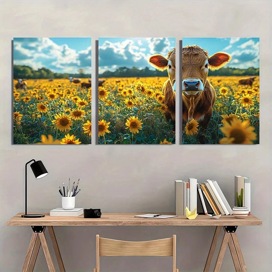Three-panel canvas print of a cow in a sunflower field above a desk.