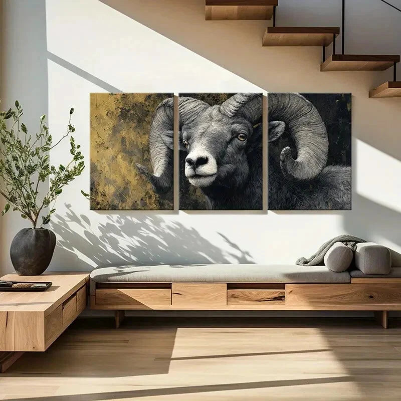 3pcs Artistic Ram Portrait Detailed Illustration Metal Print Ready to Hang Art