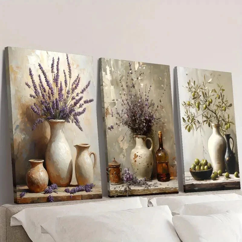 3pcs Rustic Lavender Pottery Jar Wall Art Set Canvas Framed 40x60cm - High Quality Print 100% Australian Made Wall Canvas Ready to Hang