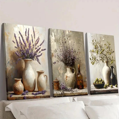 3pcs Rustic Lavender Pottery Jar Wall Art Set Canvas Framed 40x60cm - High Quality Print 100% Australian Made Wall Canvas Ready to Hang