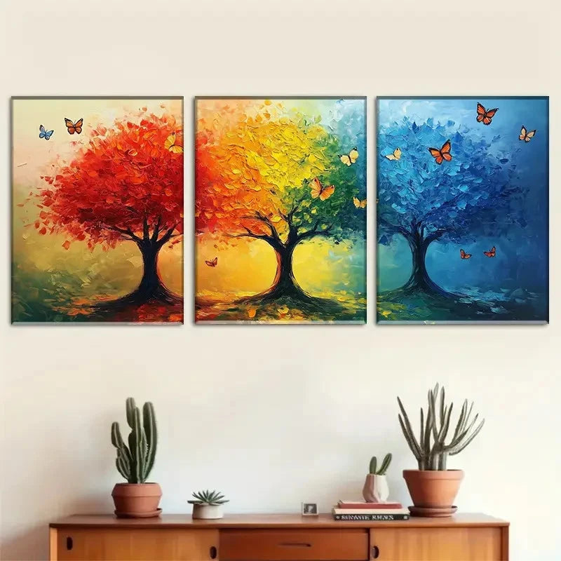3pcs Rainbow Tree and Butterflies Art Renaissance Metal Print Ready to Hang Art