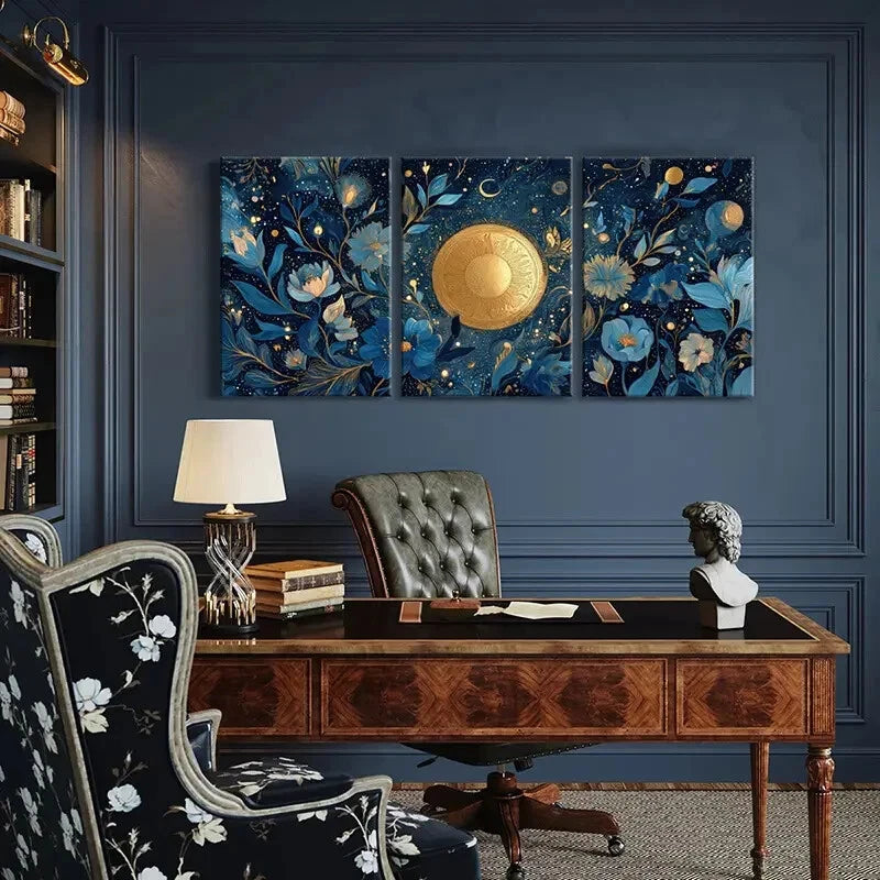 3pcs Luxury Golden Floral Art Elegant Blue Flower Metal Print Ready to Hang Art