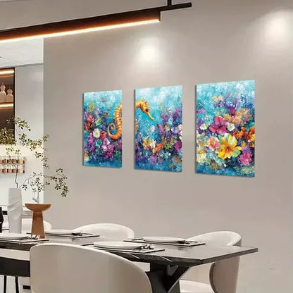 3pcs Seahorse in Ocean Triptych Canvas Framed 60x90cm - High Quality Print 100% Australian Made Wall Canvas Ready to Hang