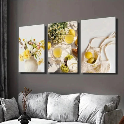 3pcs Lemon Grape Plants and Flowers Picnic Wall Art Set Canvas Framed 40x60cm - High Quality Print 100% Australian Made Wall Canvas Ready to Hang
