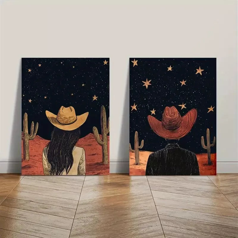 2pcs Western Cowboy & Starry Sky Canvas Framed 50x75cm - High Quality Print 100% Australian Made Wall Canvas Ready to Hang