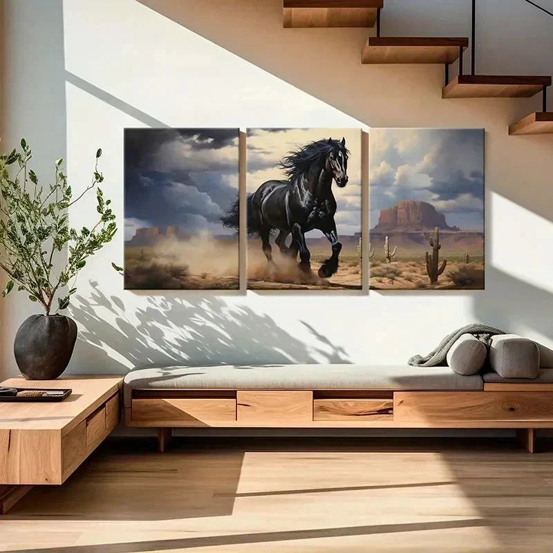 3pcs Black Horse in Monument Valley Wall Art Set Canvas Framed 40x60cm - High Quality Print 100% Australian Made Wall Canvas Ready to Hang